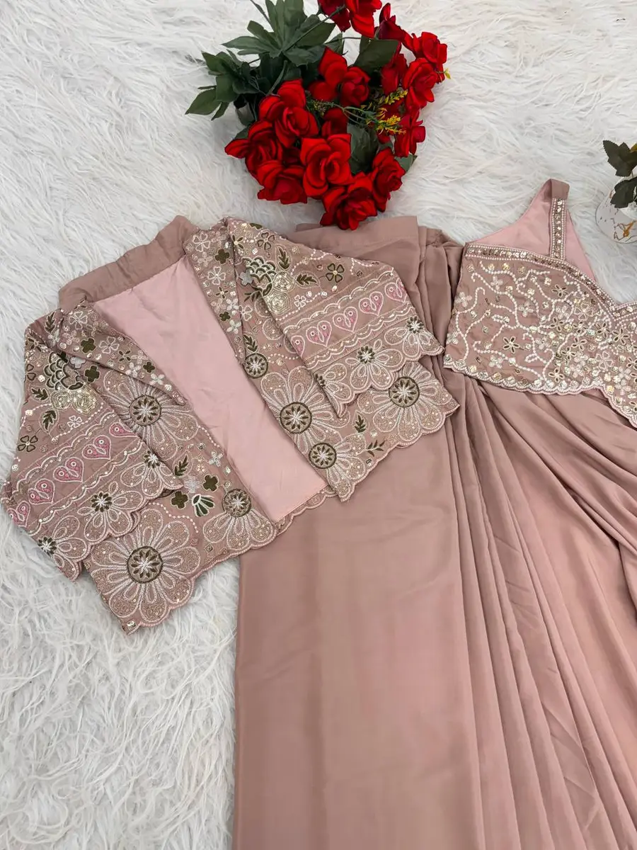 DESIGNE CREPE SILK LACE BORDER WORK READY TO WEAR SAREE WITH STITCHED BLOUSE AND KOTI PARTY WEAR WHOLESALE PRICE ETHNIC GARMENT (1)