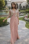 DESIGNE CREPE SILK LACE BORDER WORK READY TO WEAR SAREE WITH STITCHED BLOUSE AND KOTI PEACH