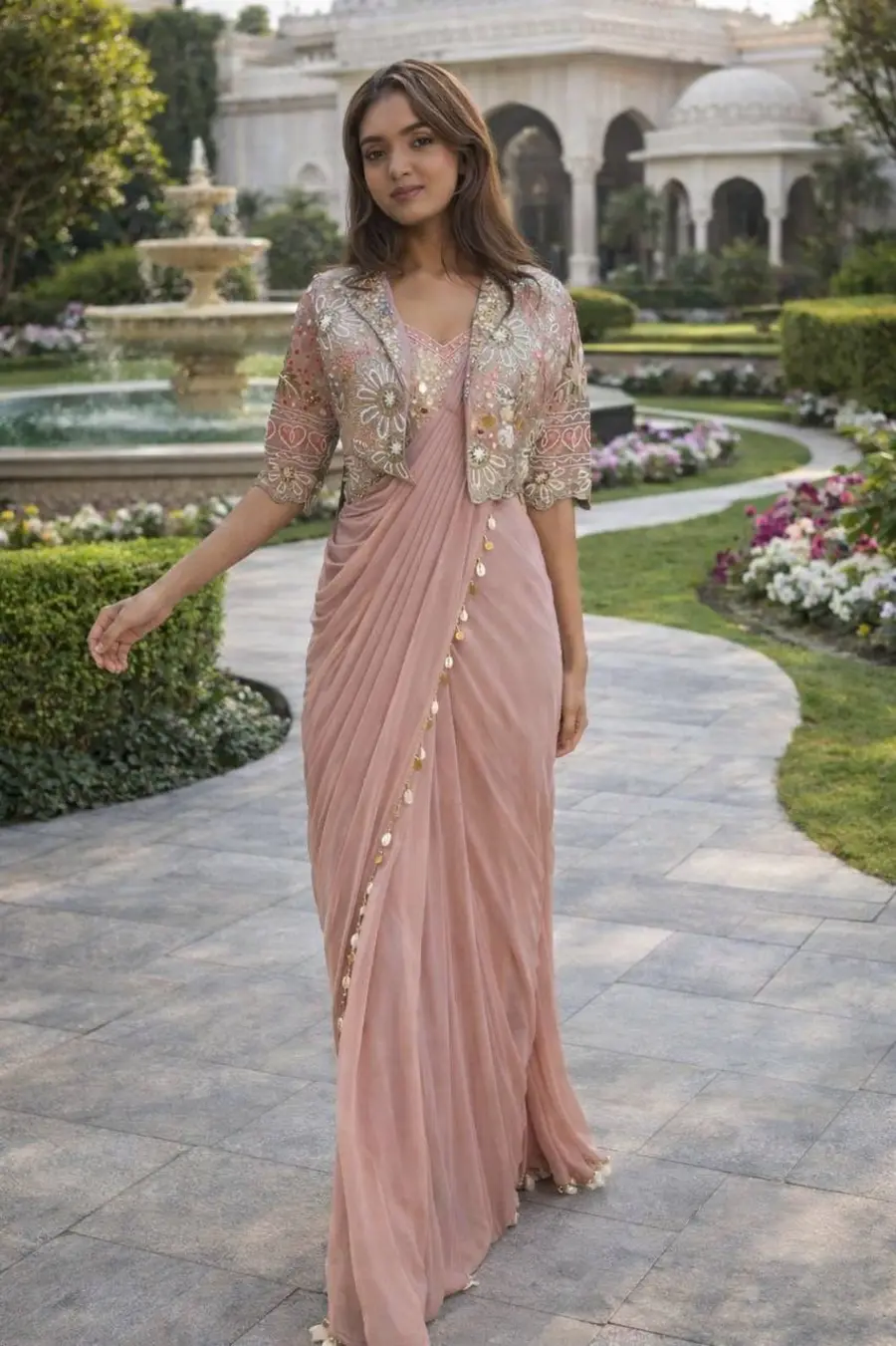DESIGNE CREPE SILK LACE BORDER WORK READY TO WEAR SAREE WITH STITCHED BLOUSE AND KOTI PARTY WEAR WHOLESALE PRICE ETHNIC GARMENT (2)