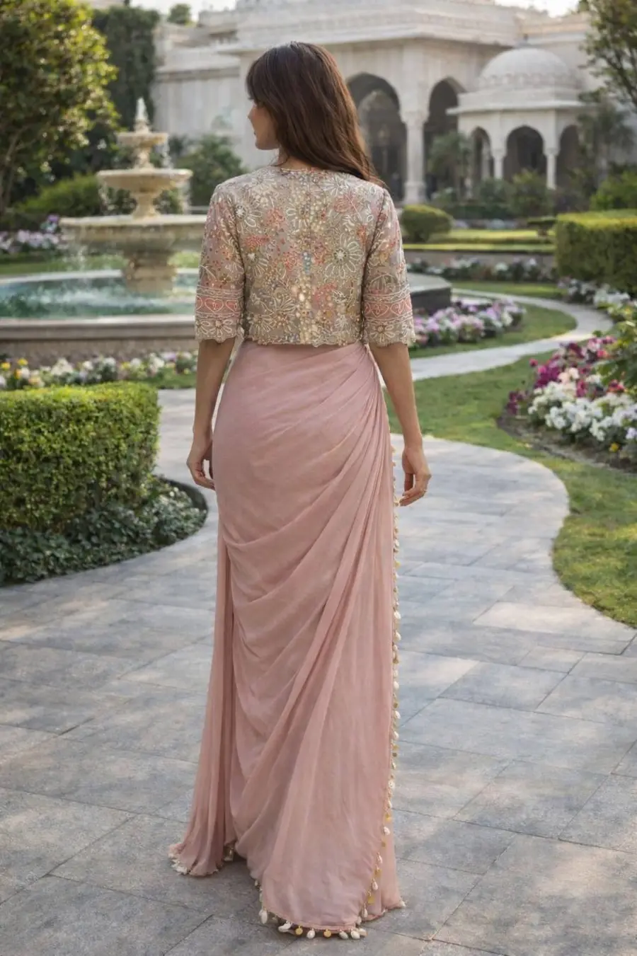 DESIGNE CREPE SILK LACE BORDER WORK READY TO WEAR SAREE WITH STITCHED BLOUSE AND KOTI PARTY WEAR WHOLESALE PRICE ETHNIC GARMENT (3)