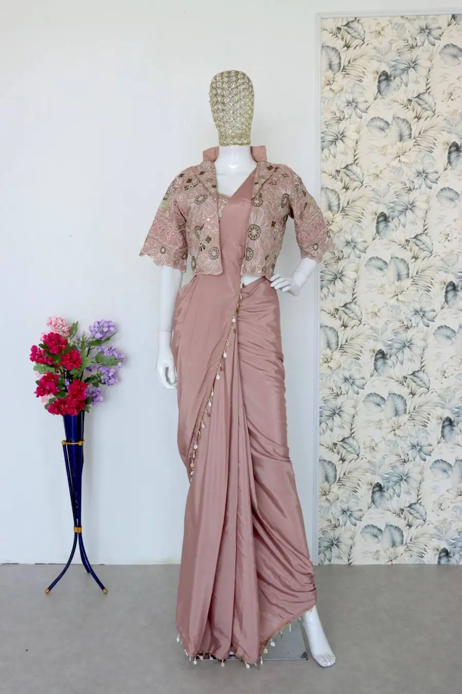 DESIGNE CREPE SILK LACE BORDER WORK READY TO WEAR SAREE WITH STITCHED BLOUSE AND KOTI PARTY WEAR WHOLESALE PRICE ETHNIC GARMENT (6)
