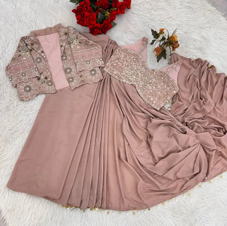 DESIGNE CREPE SILK LACE BORDER WORK READY TO WEAR SAREE WITH STITCHED BLOUSE AND KOTI PARTY WEAR WHOLESALE PRICE ETHNIC GARMENT (8)