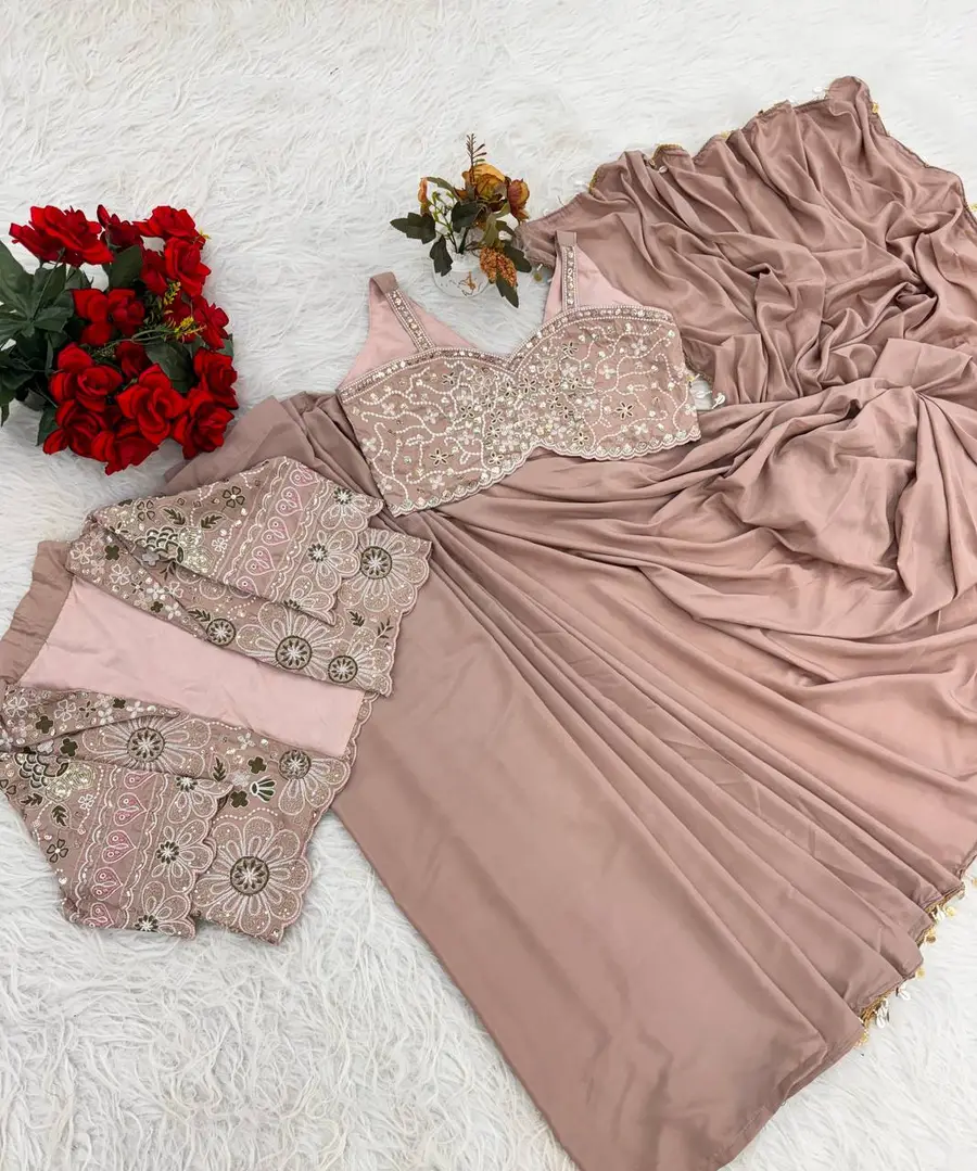 DESIGNE CREPE SILK LACE BORDER WORK READY TO WEAR SAREE WITH STITCHED BLOUSE AND KOTI PARTY WEAR WHOLESALE PRICE ETHNIC GARMENT (9)