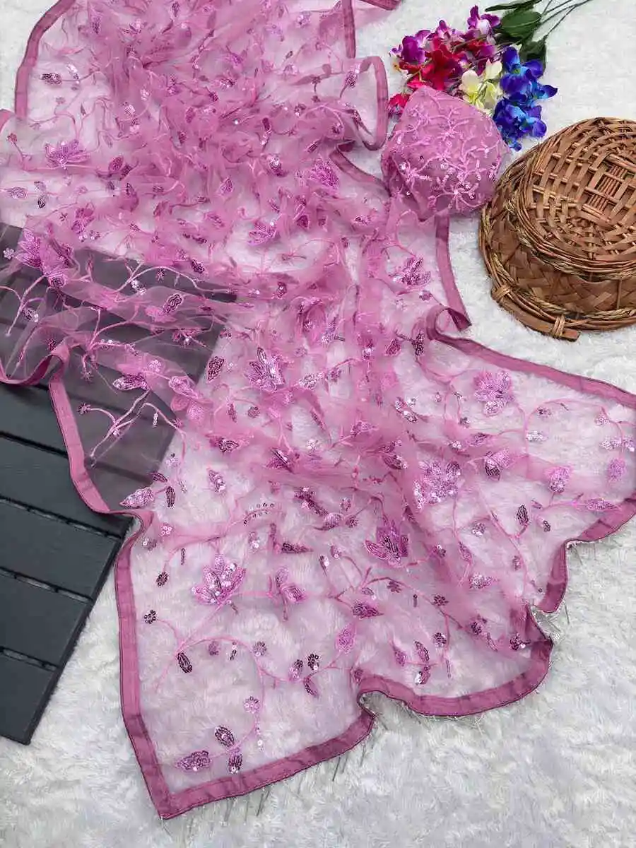 DESIGNER BUTTERFLY NET EMBRODIERY 5 MM SEQUENCE & THREAD WORK SAREE WITH UNSTITCHED BLOUSE PARTY WEAR WHOLESALE PRICE ETHNIC GARMENT (2)