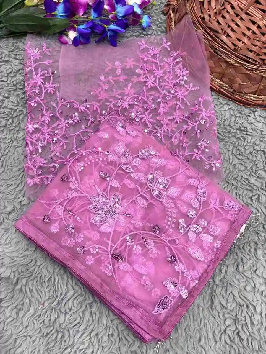 DESIGNER BUTTERFLY NET EMBRODIERY 5 MM SEQUENCE & THREAD WORK SAREE WITH UNSTITCHED BLOUSE PARTY WEAR WHOLESALE PRICE ETHNIC GARMENT (3)