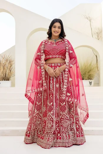 DESIGNER BUTTERFLY NET SEQUENCE AND CODING EMBROIDERY WORK LEHENGA CHOLI WITH DUPATTA PINK