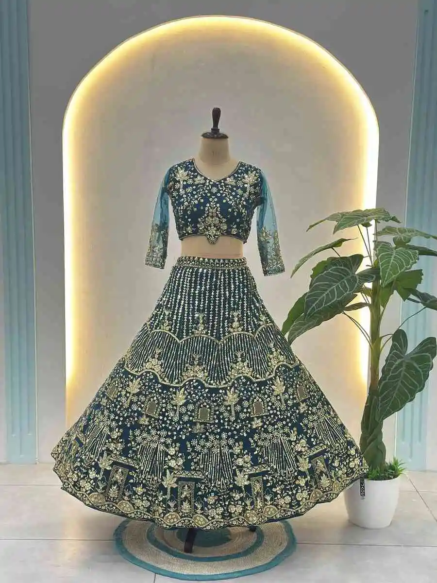 DESIGNER BUTTURFLY NET SEQUENCE AND CODING EMBROIDERY WORK LEHENGA CHOLI WITH DUPATTA RECEPTION WEAR WHOLESALE PRICE ETHNIC GARMENT (1)