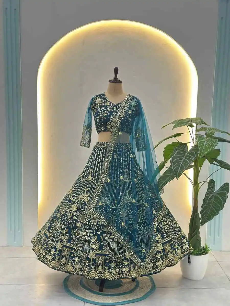 DESIGNER BUTTURFLY NET SEQUENCE AND CODING EMBROIDERY WORK LEHENGA CHOLI WITH DUPATTA RECEPTION WEAR WHOLESALE PRICE ETHNIC GARMENT (2)