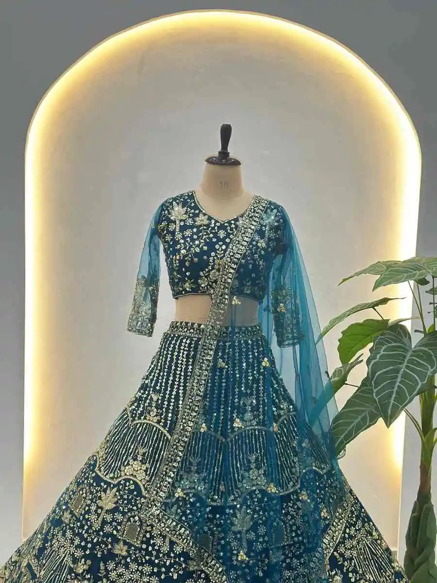 DESIGNER BUTTURFLY NET SEQUENCE AND CODING EMBROIDERY WORK LEHENGA CHOLI WITH DUPATTA RECEPTION WEAR WHOLESALE PRICE ETHNIC GARMENT (3)
