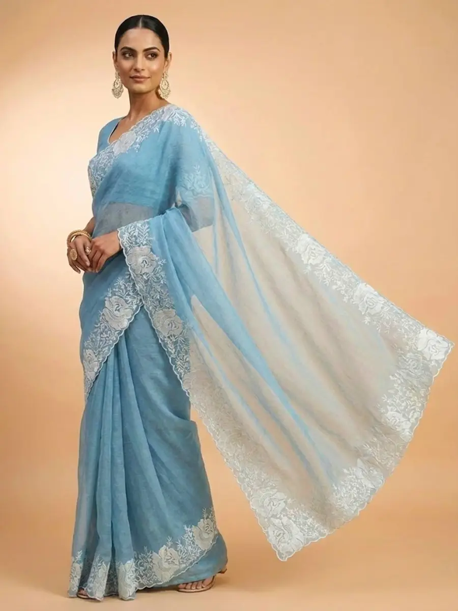 DESIGNER CANDY CRUSH FLORAL EMBROIDERY BORDER OF WHITE THREAD AND CUT WORK BORDER SAREE WITH UNSTITCHED BLOUSE PARTY WEAR WHOLESALE PRICE ETHNIC GARMENT (1).webp