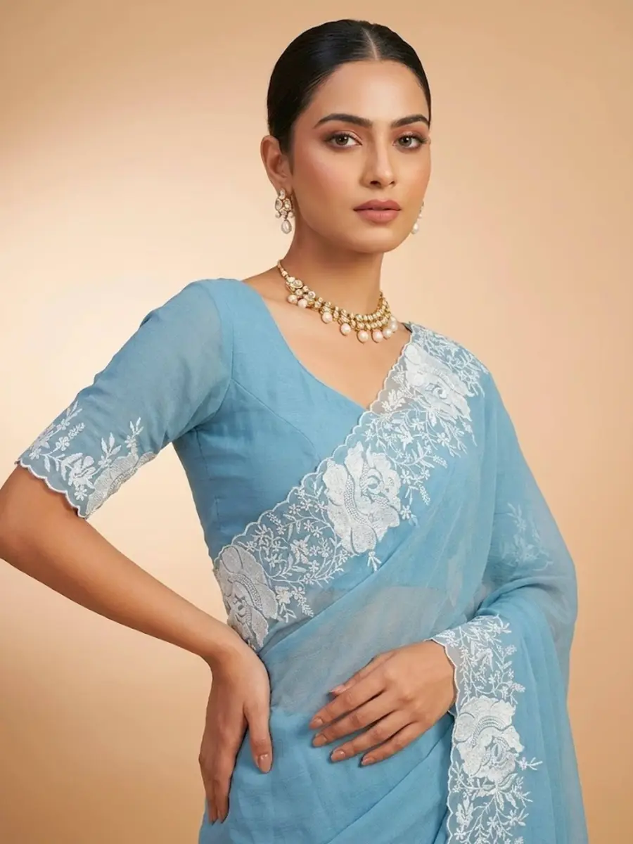 DESIGNER CANDY CRUSH FLORAL EMBROIDERY BORDER OF WHITE THREAD AND CUT WORK BORDER SAREE WITH UNSTITCHED BLOUSE PARTY WEAR WHOLESALE PRICE ETHNIC GARMENT (6).webp