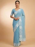 DESIGNER CANDY CRUSH FLORAL EMBROIDERY BORDER OF WHITE THREAD AND CUT WORK BORDER SAREE WITH UNSTITCHED BLOUSE SKY