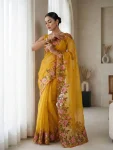 DESIGNER CANDY CRUSH FLORAL EMBROIDERY JARI DORI WITH MULTI THREAD AND CUTWORK BORDER SAREE WITH UNSTITCHED BLOUSE YELLOW