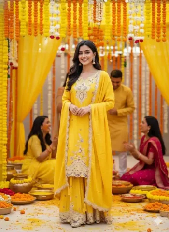 DESIGNER CHINON CODING WITH SEQUENCE EMBROIDERY WORK TOP PALAZZO WITH DUPATTA YELLOW