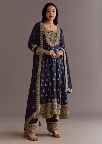 DESIGNER CHINON EMBROIDERY SEQUENCE WORK TOP BOTTOM WITH DUPATTA NAVY BLUE