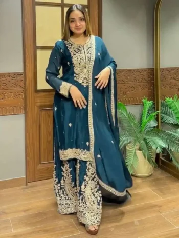 DESIGNER CHINON SILK EMBROIDERY CODING & SEQUENCE WORK TOP PALAZZO WITH DUPATTA TEAL