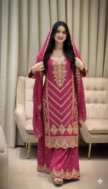 DESIGNER CHINON SILK EMBROIDERY SEQUENCE WORK TOP PALAZZO WITH DUPATTA PINK