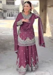 DESIGNER CHINON SILK EMBROIDERY SEQUENCE WORK TOP PALAZZO WITH DUPATTA PURPLE