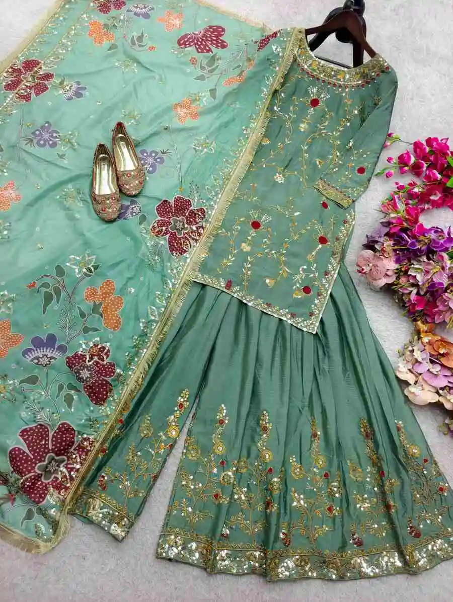 DESIGNER CHINON SILK EMBROIDERY SEQUENCE WORK TOP PALAZZO WITH DUPATTA WEDDING WEAR WHOLESALE PRICE ETHNIC GARMENT (6)