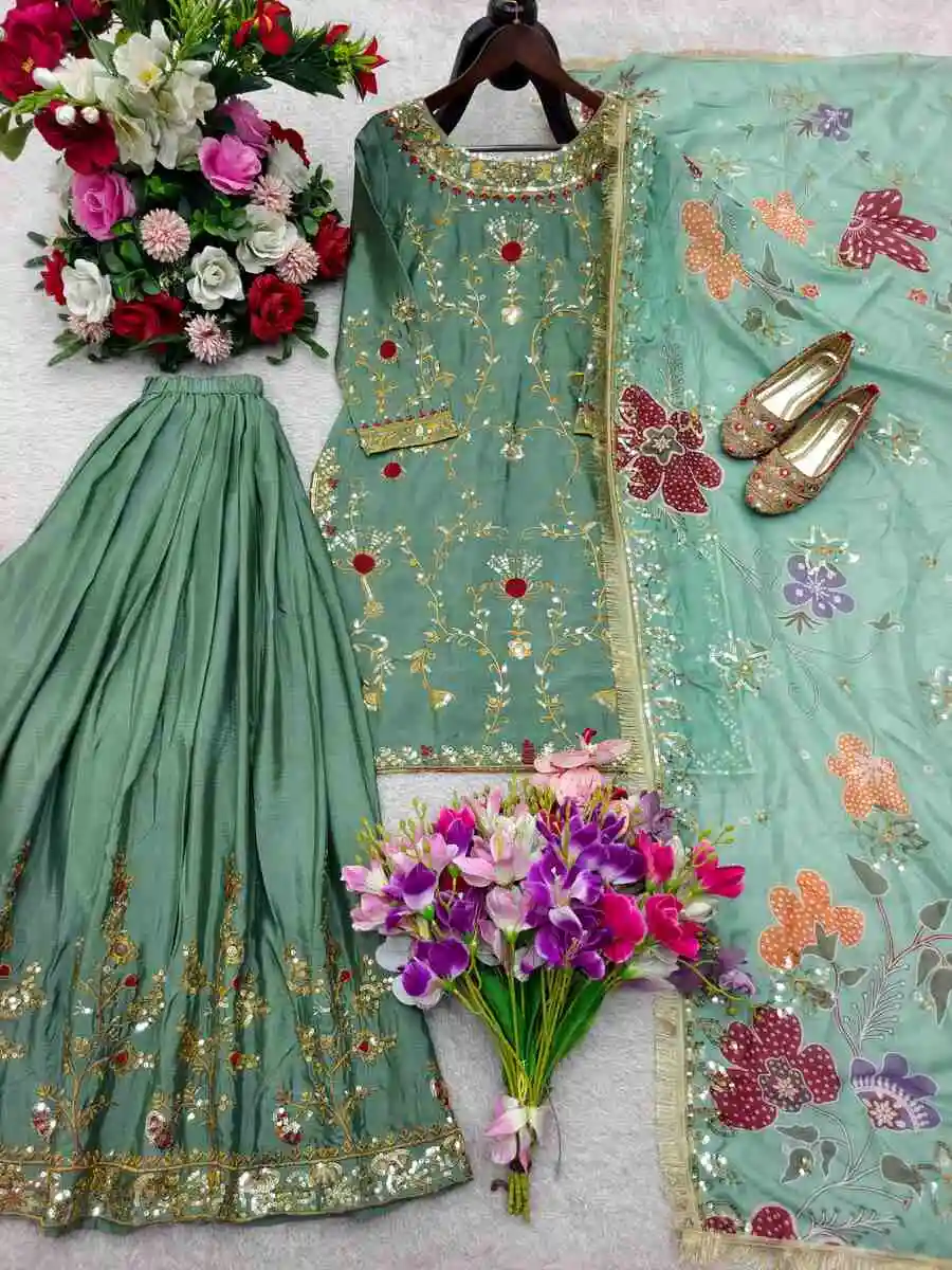 DESIGNER CHINON SILK EMBROIDERY SEQUENCE WORK TOP PALAZZO WITH DUPATTA WEDDING WEAR WHOLESALE PRICE ETHNIC GARMENT (7)
