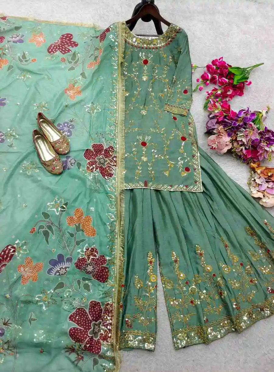 DESIGNER CHINON SILK EMBROIDERY SEQUENCE WORK TOP PALAZZO WITH DUPATTA WEDDING WEAR WHOLESALE PRICE ETHNIC GARMENT (8)