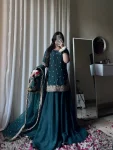 DESIGNER CHINON SILK EMBROIDERY SEQUENCE WORK WITH MOTI WORK TOP PALAZZO WITH DUPATTA TEAL