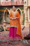 DESIGNER CHINON SILK THREAD WITH SEQUENCE WORK TOP PALAZZO WITH DUPATTA ORANGE AND PINK