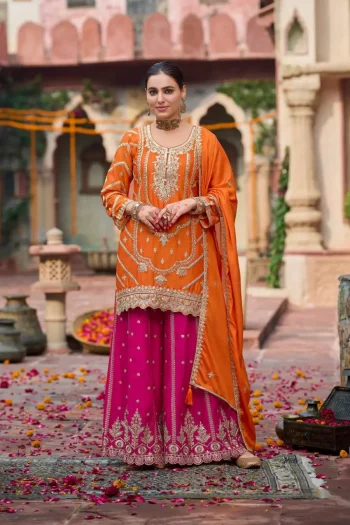 DESIGNER CHINON SILK THREAD WITH SEQUENCE WORK TOP PALAZZO WITH DUPATTA ORANGE AND PINK
