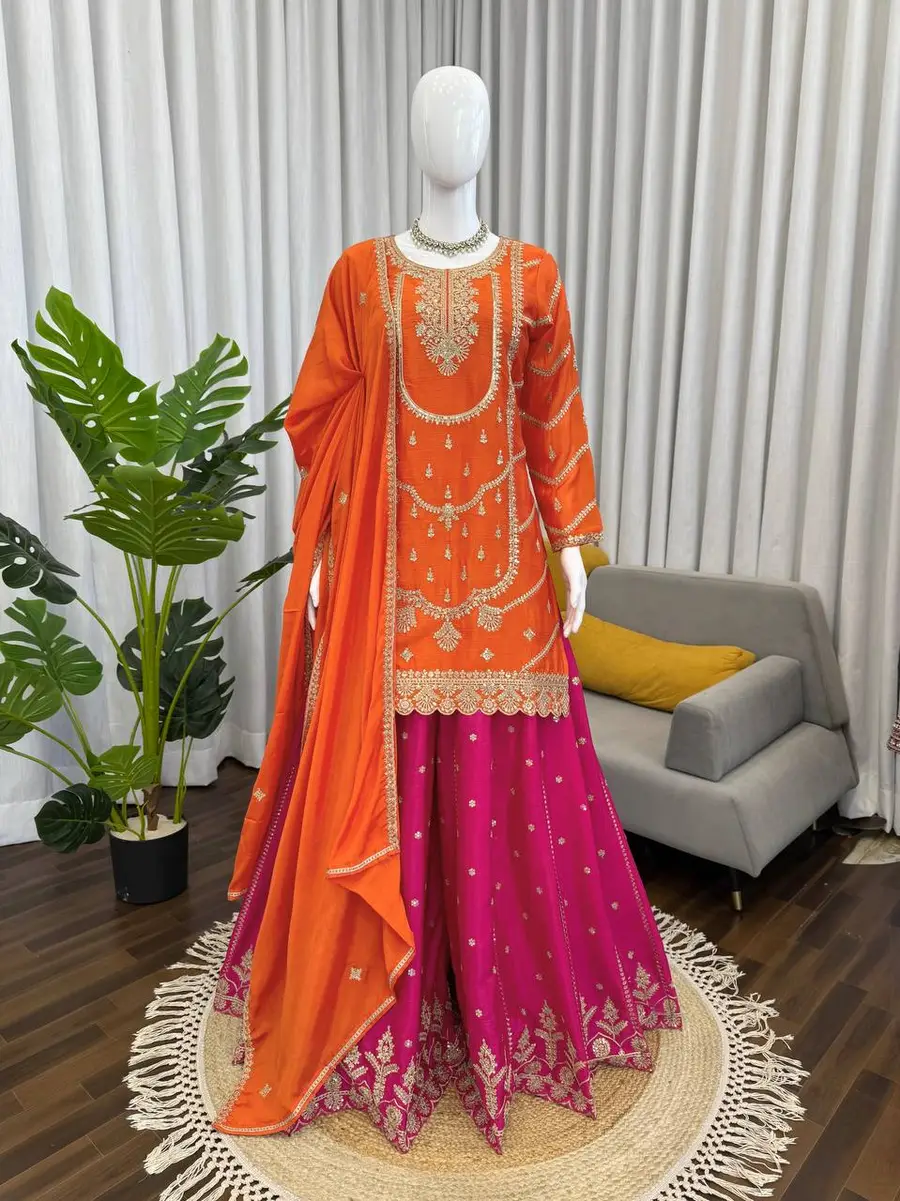 DESIGNER CHINON SILK THREAD WITH SEQUENCE WORK TOP PALAZZO WITH DUPATTA WEDDING WEAR WHOLESALE PRICE ETHNIC GARMENT (5)