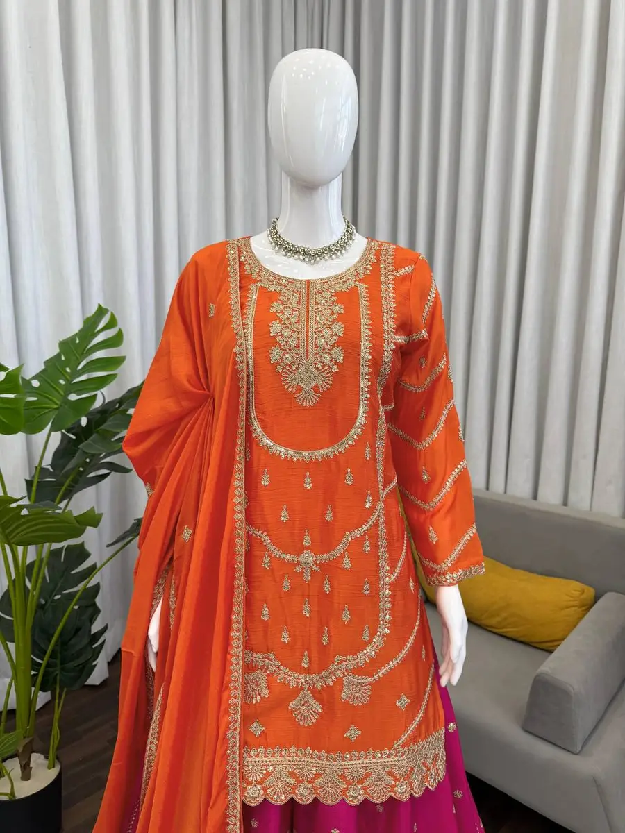 DESIGNER CHINON SILK THREAD WITH SEQUENCE WORK TOP PALAZZO WITH DUPATTA WEDDING WEAR WHOLESALE PRICE ETHNIC GARMENT (7)