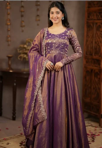 DESIGNER COSMOS SILK EMBROIDERY SEQUENCE WORK GOWN BOTTOM WITH DUPATTA PURPLE