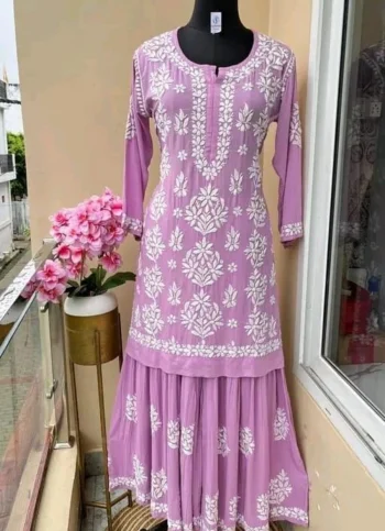 DESIGNER COTTON SILK EMBROIDERY CHIKANKARI WORK KURTI PALAZZO SET BABY PINK