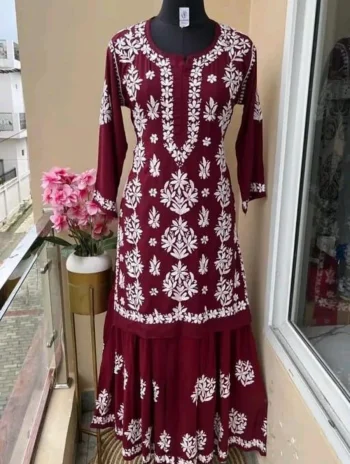 DESIGNER COTTON SILK EMBROIDERY CHIKANKARI WORK KURTI PALAZZO SET MAROON