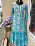 DESIGNER COTTON SILK EMBROIDERY CHIKANKARI WORK KURTI PALAZZO SET SKY