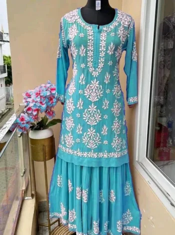 DESIGNER COTTON SILK EMBROIDERY CHIKANKARI WORK KURTI PALAZZO SET SKY