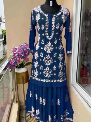 DESIGNER COTTON SILK EMBROIDERY CHIKANKARI WORK KURTI PALAZZO SET BLUE