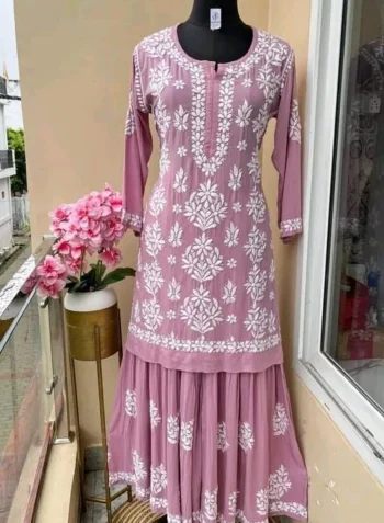 DESIGNER COTTON SILK EMBROIDERY CHIKANKARI WORK KURTI PALAZZO SET PEACH