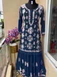DESIGNER COTTON SILK EMBROIDERY CHIKANKARI WORK KURTI PALAZZO SET NAVY BLUE