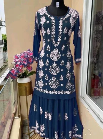 DESIGNER COTTON SILK EMBROIDERY CHIKANKARI WORK KURTI PALAZZO SET NAVY BLUE