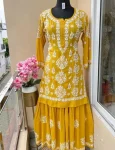 DESIGNER COTTON SILK EMBROIDERY CHIKANKARI WORK KURTI PALAZZO SET YELLOW