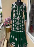 DESIGNER COTTON SILK EMBROIDERY CHIKANKARI WORK KURTI PALAZZO SET GREEN