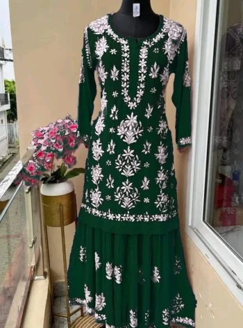 DESIGNER COTTON SILK EMBROIDERY CHIKANKARI WORK KURTI PALAZZO SET GREEN