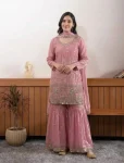 DESIGNER FENDY BEADS AND SEQUENCE EMBROIDERY WORK TOP SHARARA WITH DUPATTA BABY PINK