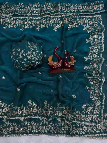 DESIGNER FENDY CHIFFON SEQUENCE EMBROIDERY WORK SAREE WITH UNSTITCHED BLOUSE TEAL