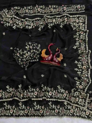 DESIGNER FENDY CHIFFON SEQUENCE EMBROIDERY WORK SAREE WITH UNSTITCHED BLOUSE BLACK