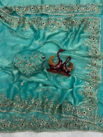 DESIGNER FENDY CHIFFON SEQUENCE EMBROIDERY WORK SAREE WITH UNSTITCHED BLOUSE SKY