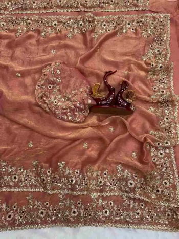 DESIGNER FENDY CHIFFON SEQUENCE EMBROIDERY WORK SAREE WITH UNSTITCHED BLOUSE PEACH