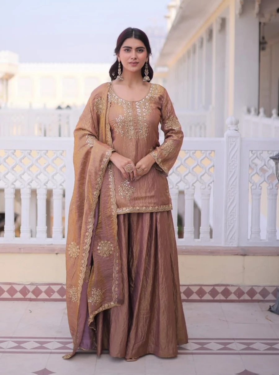 DESIGNER FENDY CRUSH SILK ZARI SEQUENCE EMBROIDERY WORK TOP PALAZZO WITH DUPATTA WEDDING WEAR WHOLESALE PRICE ETHNIC GARMENT (3)