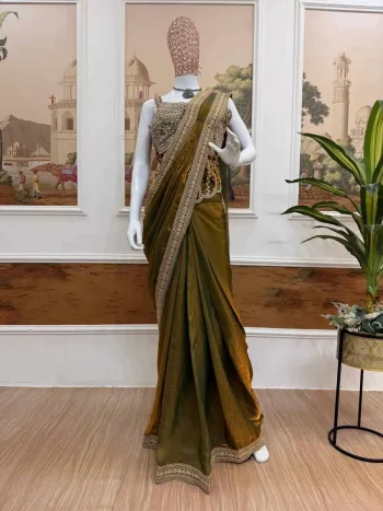 DESIGNER FENDY SATIN EMBROIDERY LACE BORDER WORK READY TO WEAR SAREE WITH STITCHED BLOUSE GREEN