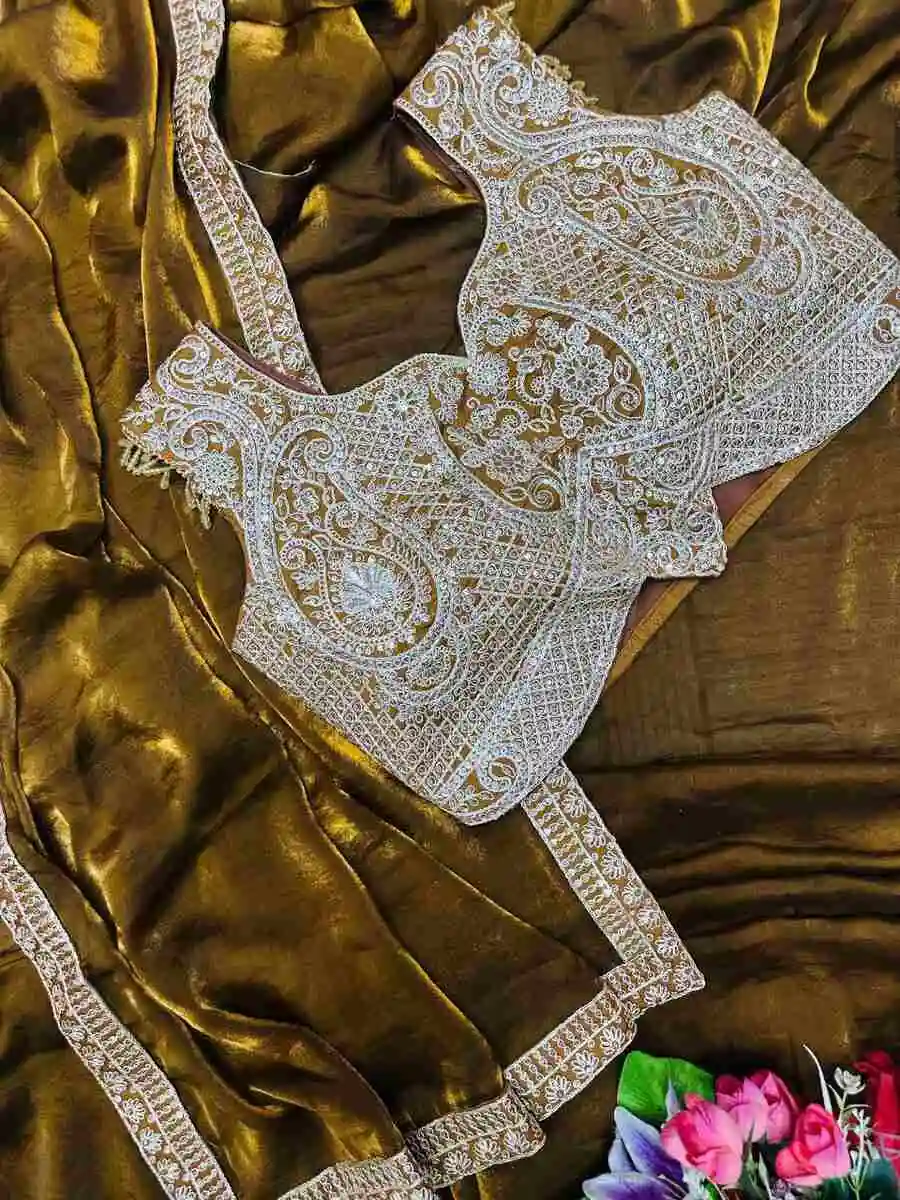 DESIGNER FENDY SATIN EMBROIDERY SEQUENCE WORK READY TO WEAR SAREE WITH STITCHED BLOUSE PARTY WEAR WHOLESALE PRICE ETHNIC GARMENT (17)